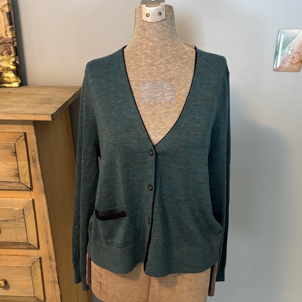 Lands' End Dark Teal Heather Merino Spun Wool Cardigan Sweater